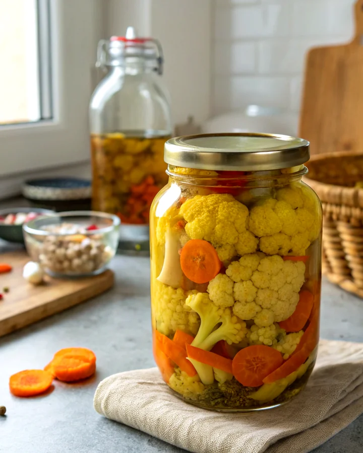 Fiery Turmeric Pickled Cauliflower with Ginger & Carrots